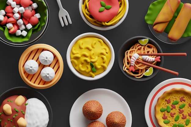 3d background with assortment of gastronomy dishes | The Web Univers
