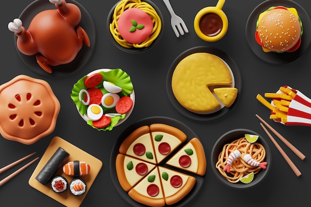 3d background with assortment of gastronomy dishes | The Web Univers