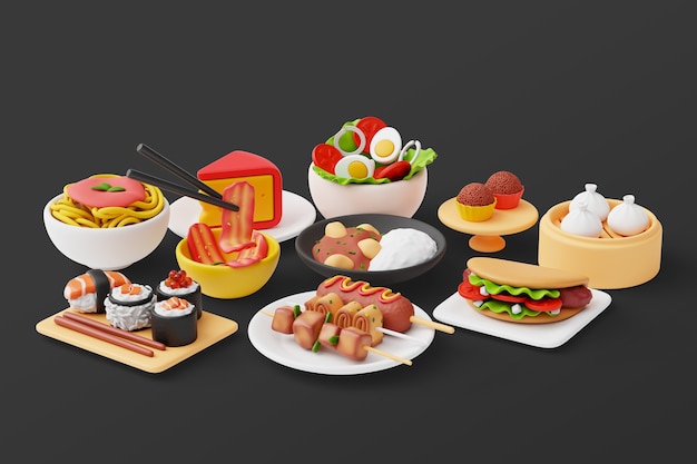 3d background with assortment of gastronomy dishes | The Web Univers