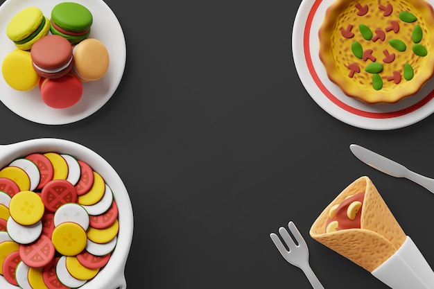 3d background with assortment of gastronomy dishes | The Web Univers