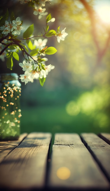 Wood board in a garden with spring time and blossoms flowers. ai generative | The Web Univers