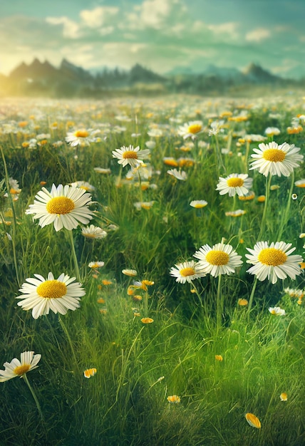 Wide angle image of field with chamomiles with the mountains behind them nature landscape | The Web Univers