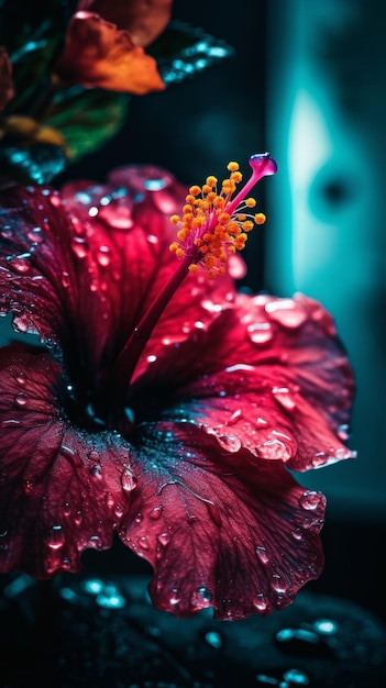 Hibiscus flower with water drops neon glowing generative ai | The Web Univers