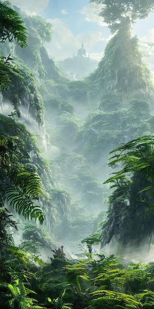 Tropical jungle everything is covered with plants and trees vertical cliff tropical background 3d illustration | The Web Univers