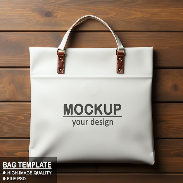 Studio portrait mockup of plain white bag with wood pattern background | The Web Univers