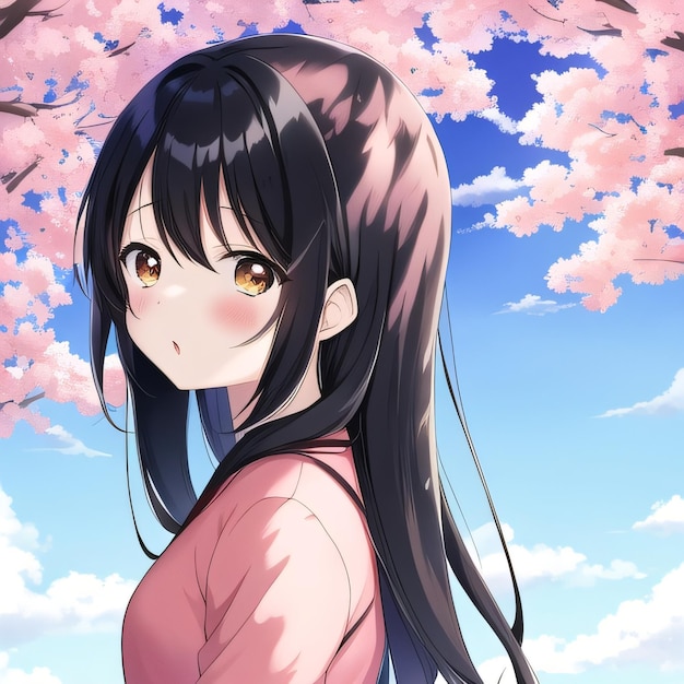 A girl in a pink dress stands in front of a blue sky with pink flowers. | The Web Univers