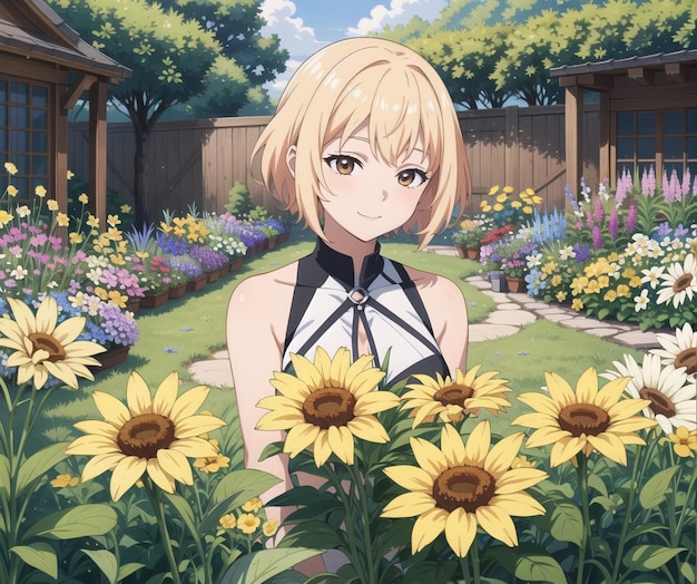 A girl in a garden of flowers is standing in front of a fence | The Web Univers