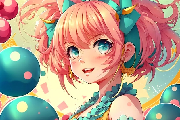 A girl with pink hair and blue bow is standing in front of a colorful background. | The Web Univers