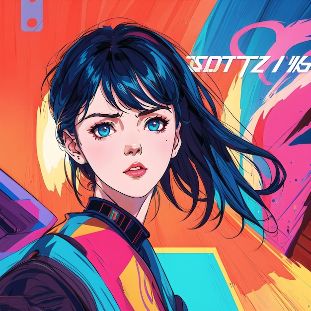 A cartoon of a woman with blue hair and a pink and orange background | The Web Univers