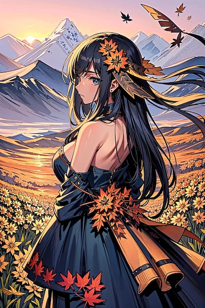 A girl in a blue dress with leaves on her head stands in a field of flowers. | The Web Univers