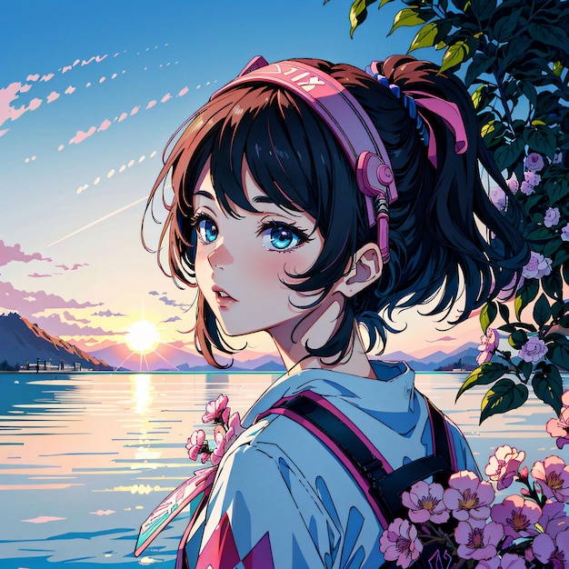A girl with a pink bow is standing in front of a lake with a mountain in the background. | The Web Univers