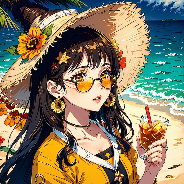 A woman in a yellow shirt and hat with a straw hat on the beach. | The Web Univers