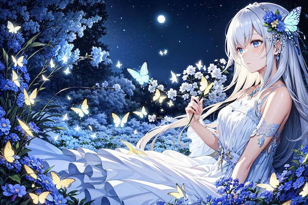 Anime girl in a white dress with butterflies on the background | The Web Univers