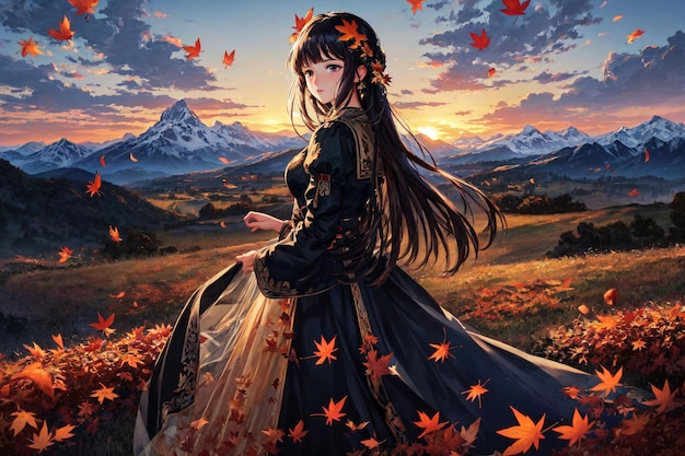 A girl in a black dress with leaves on the bottom | The Web Univers