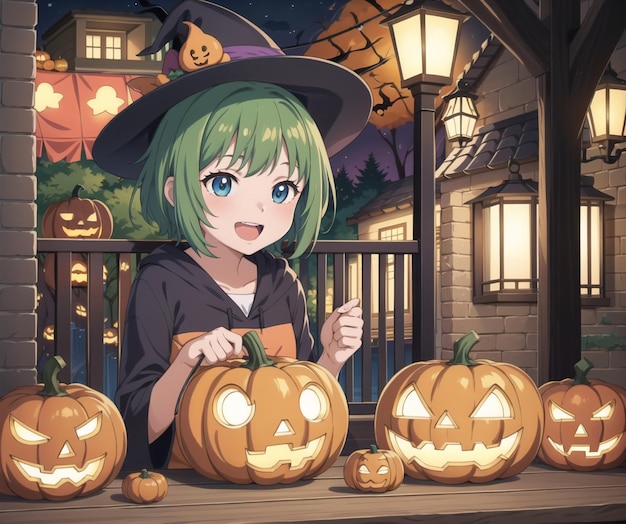 A girl with green hair is sitting in front of a pumpkins. | The Web Univers