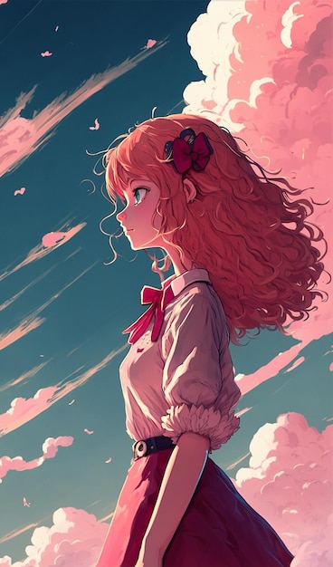 Painting girl looking sky pink cloud background image ai generated art | The Web Univers
