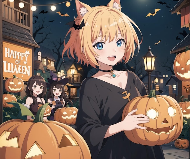 A cartoon girl holding a pumpkin in front of a halloween sign | The Web Univers