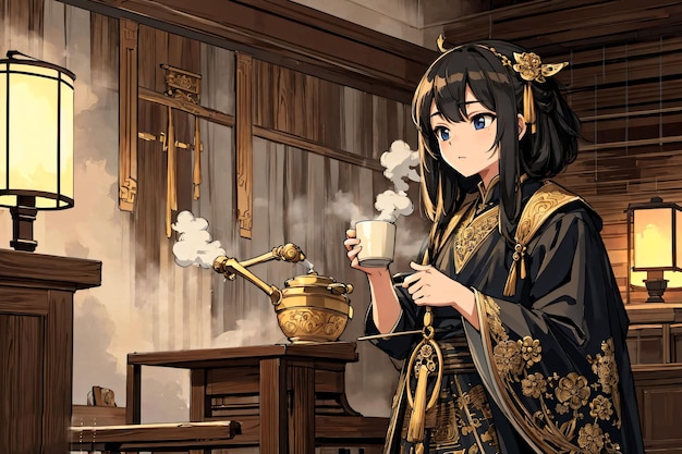 A woman in a kimono drinking a cup of tea. | The Web Univers