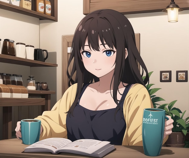 A woman is sitting at a table with a cup of coffee and a book | The Web Univers