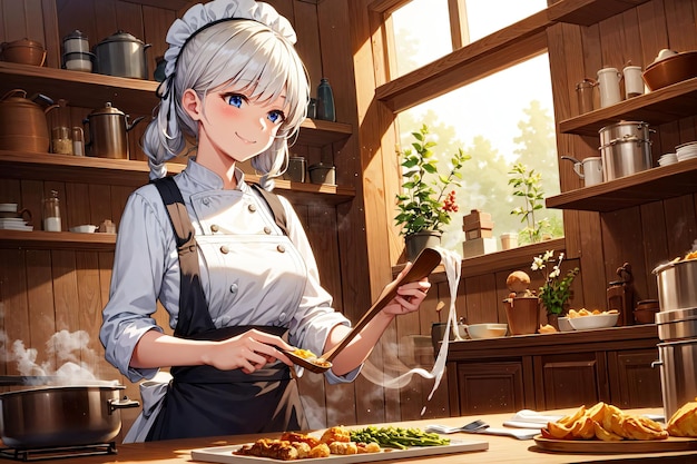 Anime girl cooking in the kitchen | The Web Univers