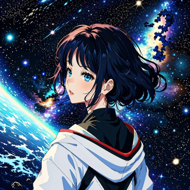 A girl in a space suit with a planet in the background | The Web Univers