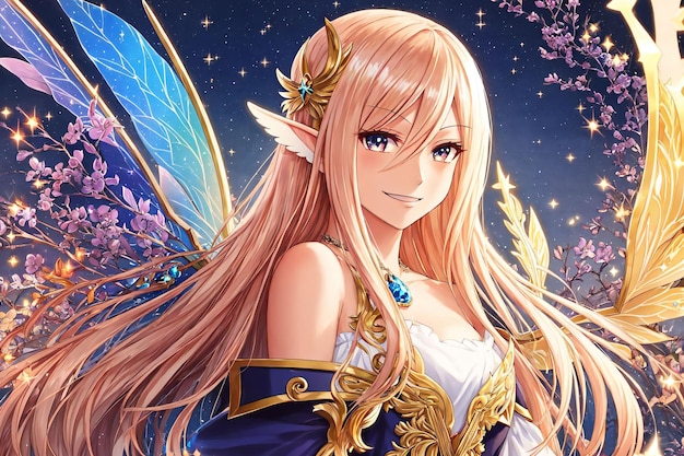 A girl with wings and a blue dress with a flower on her chest | The Web Univers