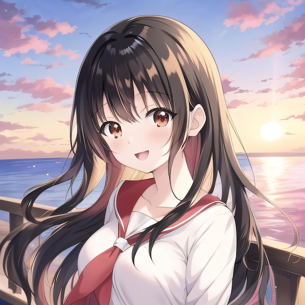 A girl with black hair and a red tie is standing on a pier by the water. | The Web Univers