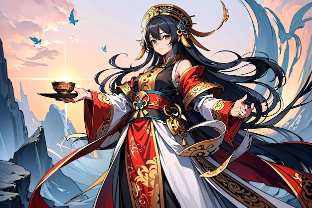 A woman in a traditional dress with a cup of tea in her hand. | The Web Univers