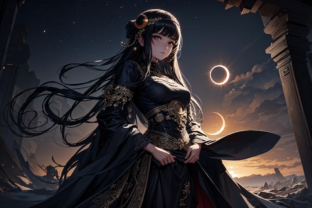 A girl in a black dress stands in front of a moon and the sun is visible. | The Web Univers