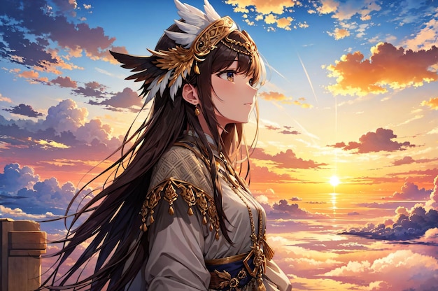 A girl with a feathered headdress stands in front of a sunset. | The Web Univers
