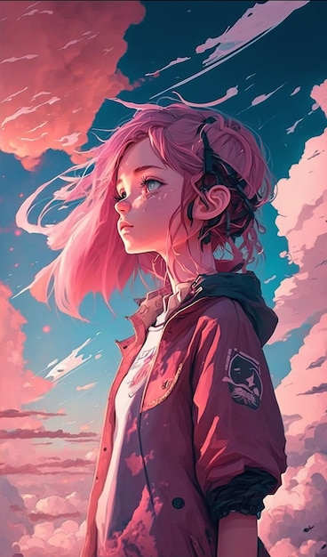 Painting girl looking sky pink cloud background image ai generated art | The Web Univers