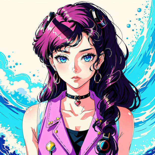 A girl with purple hair and a purple top is standing in front of a wave. | The Web Univers