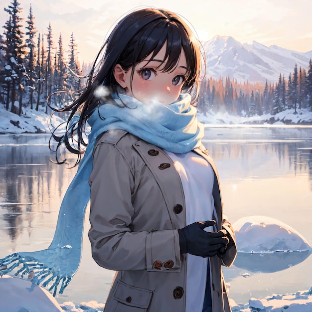 A woman in a blue scarf stands in front of a snowy landscape | The Web Univers