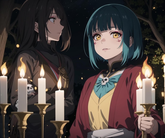 A girl with a black hair and a yellow dress stands in front of a dark background with candles. | The Web Univers