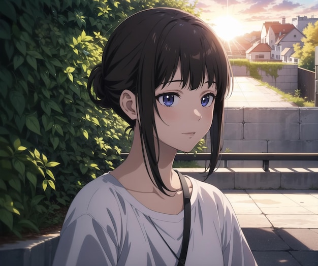 A girl with purple eyes stands in front of a street with a house in the background. | The Web Univers