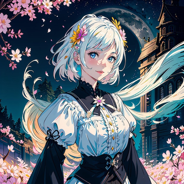 A girl with white hair and a black dress with flowers on the bottom. | The Web Univers