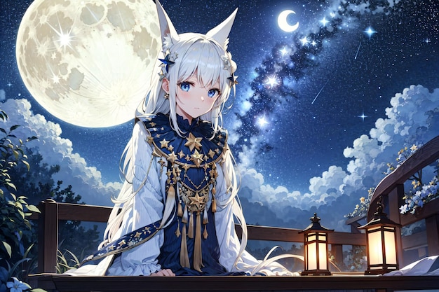 Anime girl on a fence with a moon and stars | The Web Univers
