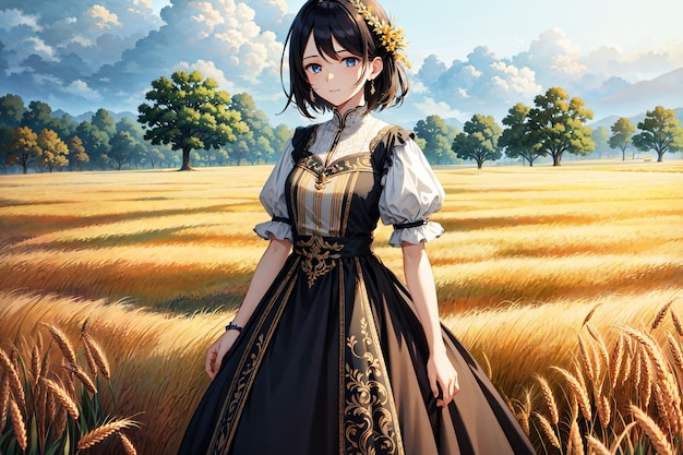 A girl in a dress with blue eyes stands in a field of wheat. | The Web Univers