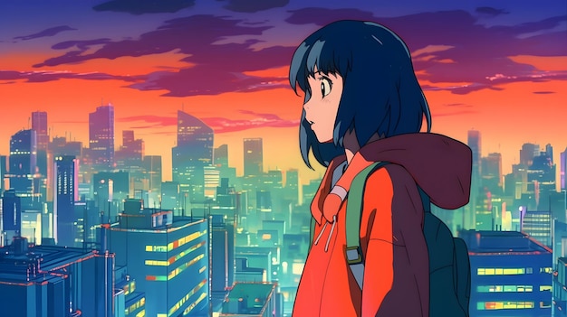 A girl in a red jacket stands in front of a cityscape. | The Web Univers