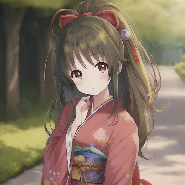 A girl in a red kimono with brown bows on her hair | The Web Univers