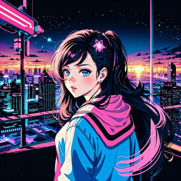 A girl with a pink bow is standing in front of a cityscape. | The Web Univers