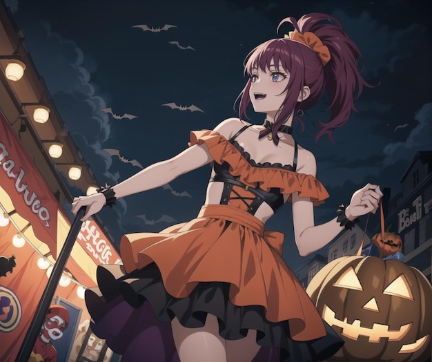 A halloween scene with a girl in a dress and a broom. | The Web Univers