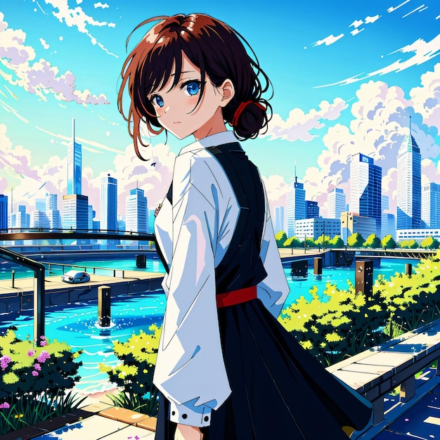A girl with a blue dress and a white shirt is standing in front of a cityscape. | The Web Univers