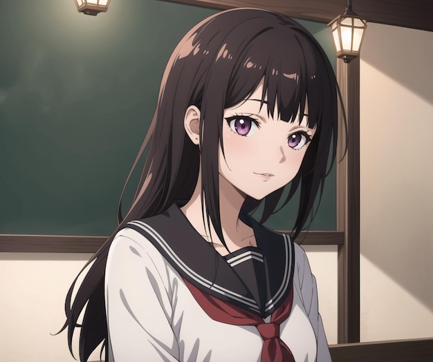 A girl with a white shirt and purple eyes stands in front of a blackboard. | The Web Univers