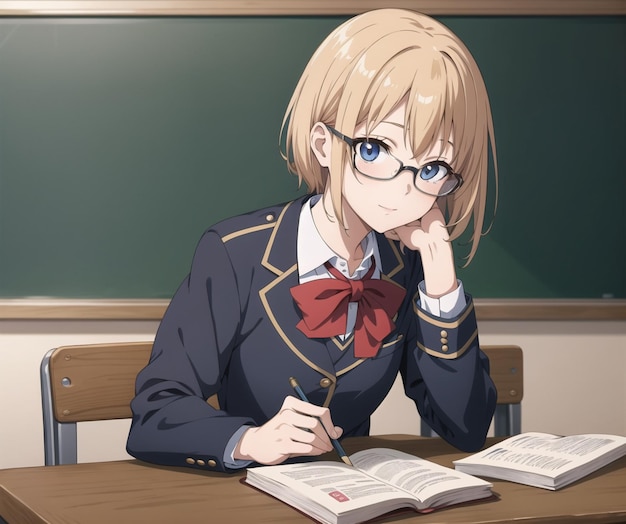 A girl sits at a desk with a book on the table. | The Web Univers