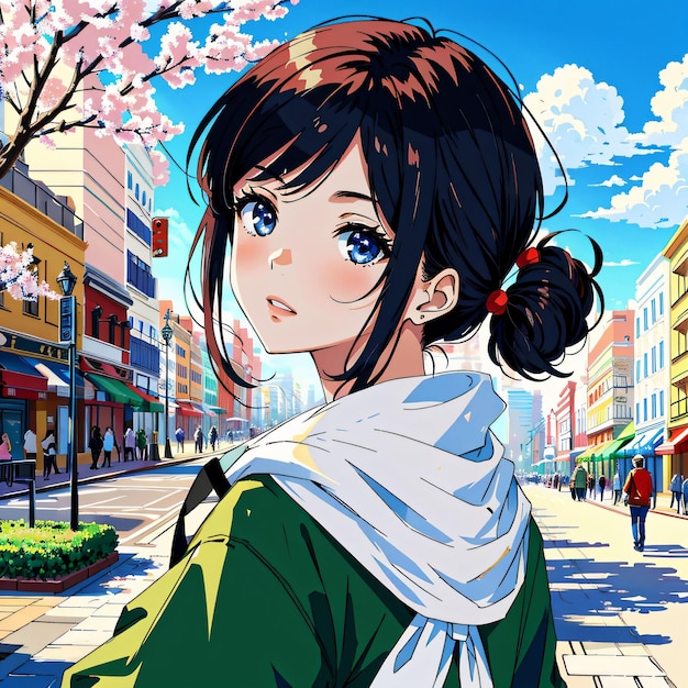 A girl in a green jacket with a flowered tree in the background | The Web Univers