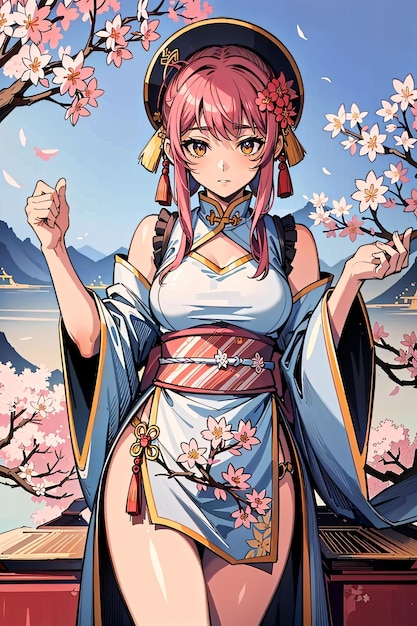 Woman with pink hair wearing japanese clothes with sakura tree and mountains behind of her | The Web Univers