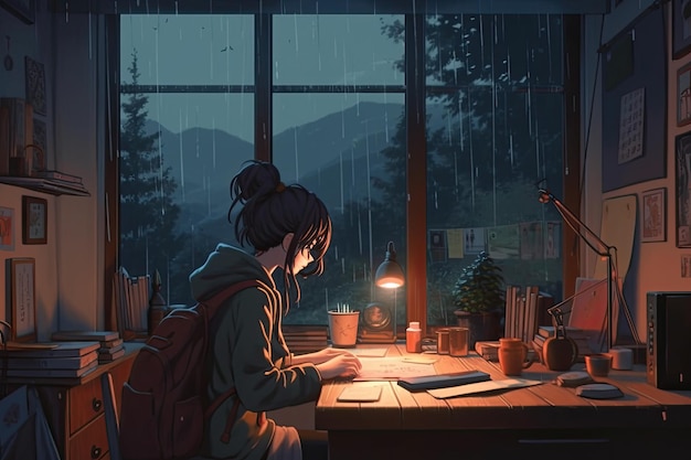 Cartoon lofi young manga style girl studying while listening to music and raining in the street ai generative | The Web Univers