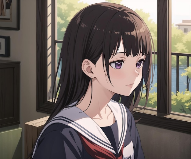 A girl with black hair and purple eyes looks out a window. | The Web Univers