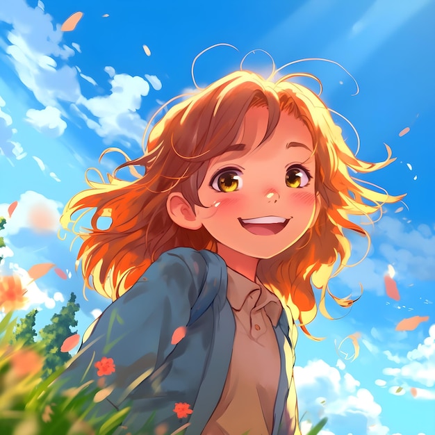 A cartoon girl with orange hair and a blue sky with clouds and flowers. | The Web Univers